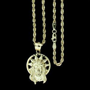 10K Real Gold Rope Chain and Jesus Face Head Pendant Set